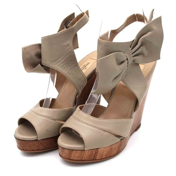 Valentino Garavani Grey Leather Bow Peep Toe Wooden Wedge Platform Sandal 37 - Picture 2 of 7